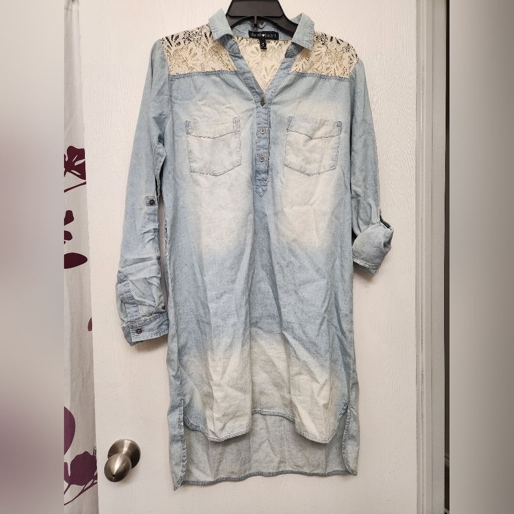 DEREK HEART | Distressed Denim and Lace Hi-Low Dress